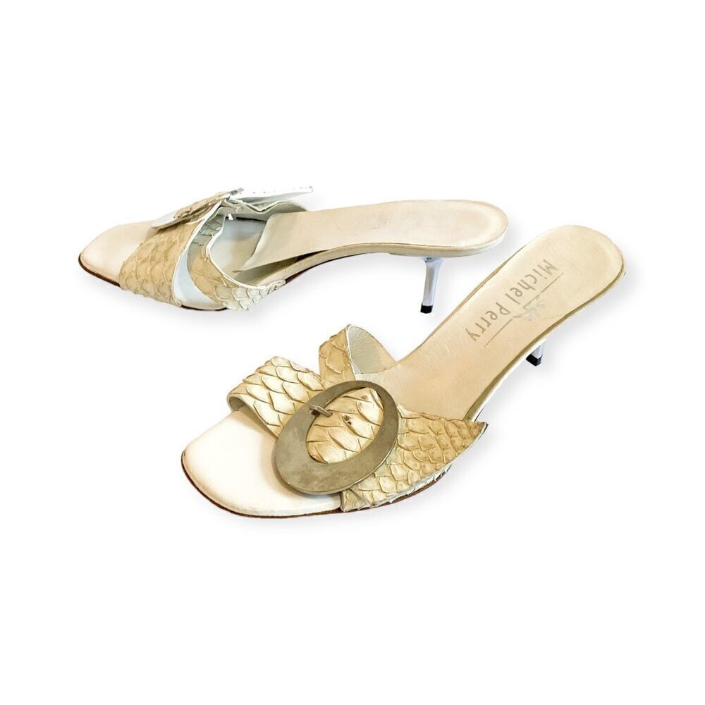 Michel Perry white snake slide, metal‎ buckle, 38EU, Vintage 90s